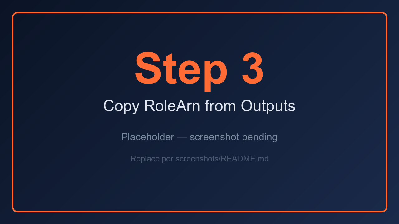 AWS CloudFormation stack Outputs tab with the RoleArn value highlighted