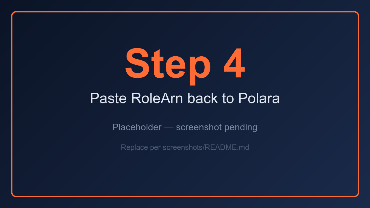 Polara connect form with RoleArn pasted and the Connect button highlighted